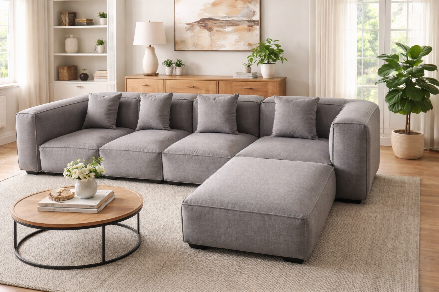 Modern L-Shape Fabric Sofa with Chaise - Image 2