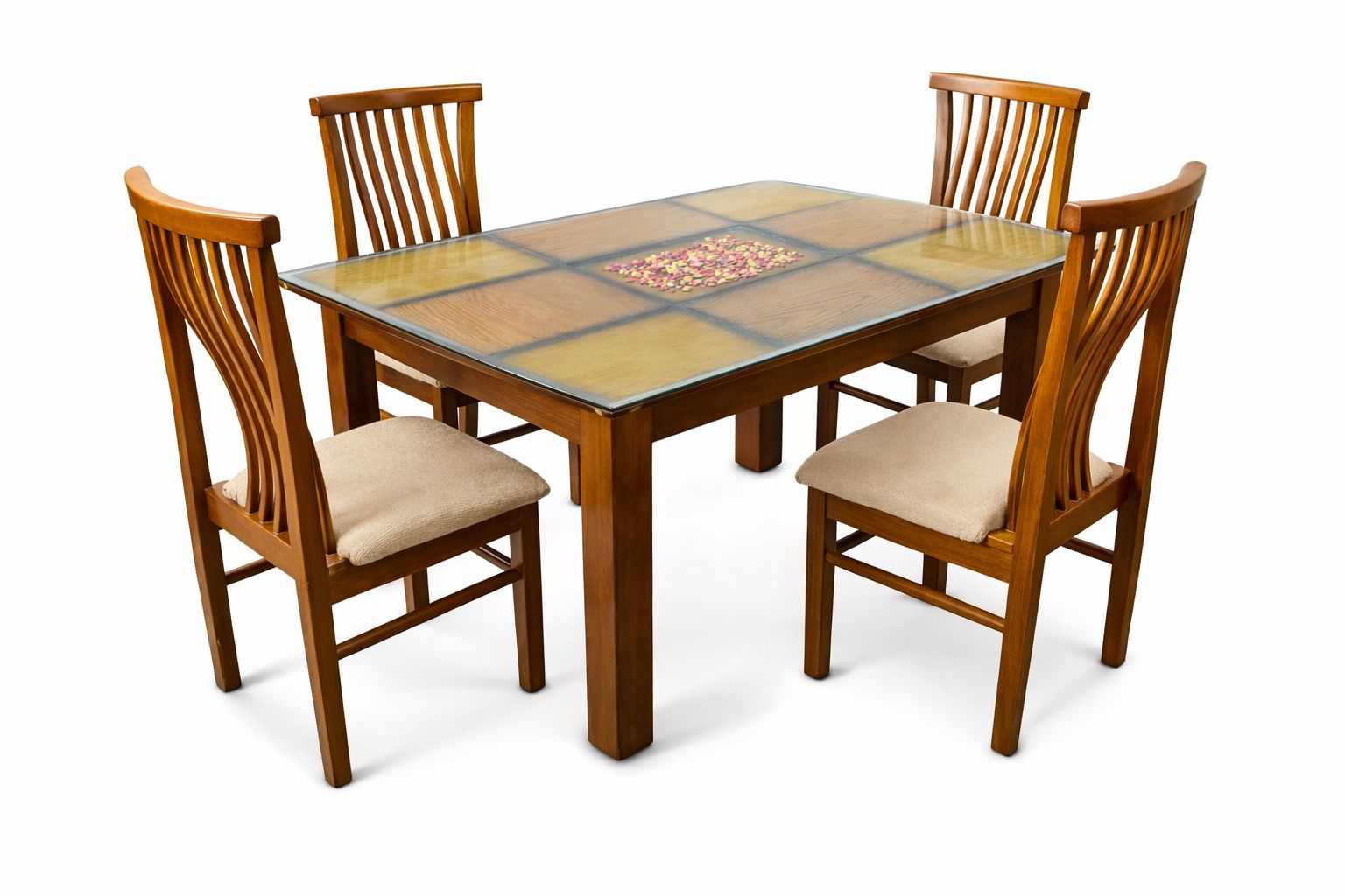 Premium 4-Seater Wooden Dining Table with Glass Top (Modern Design)