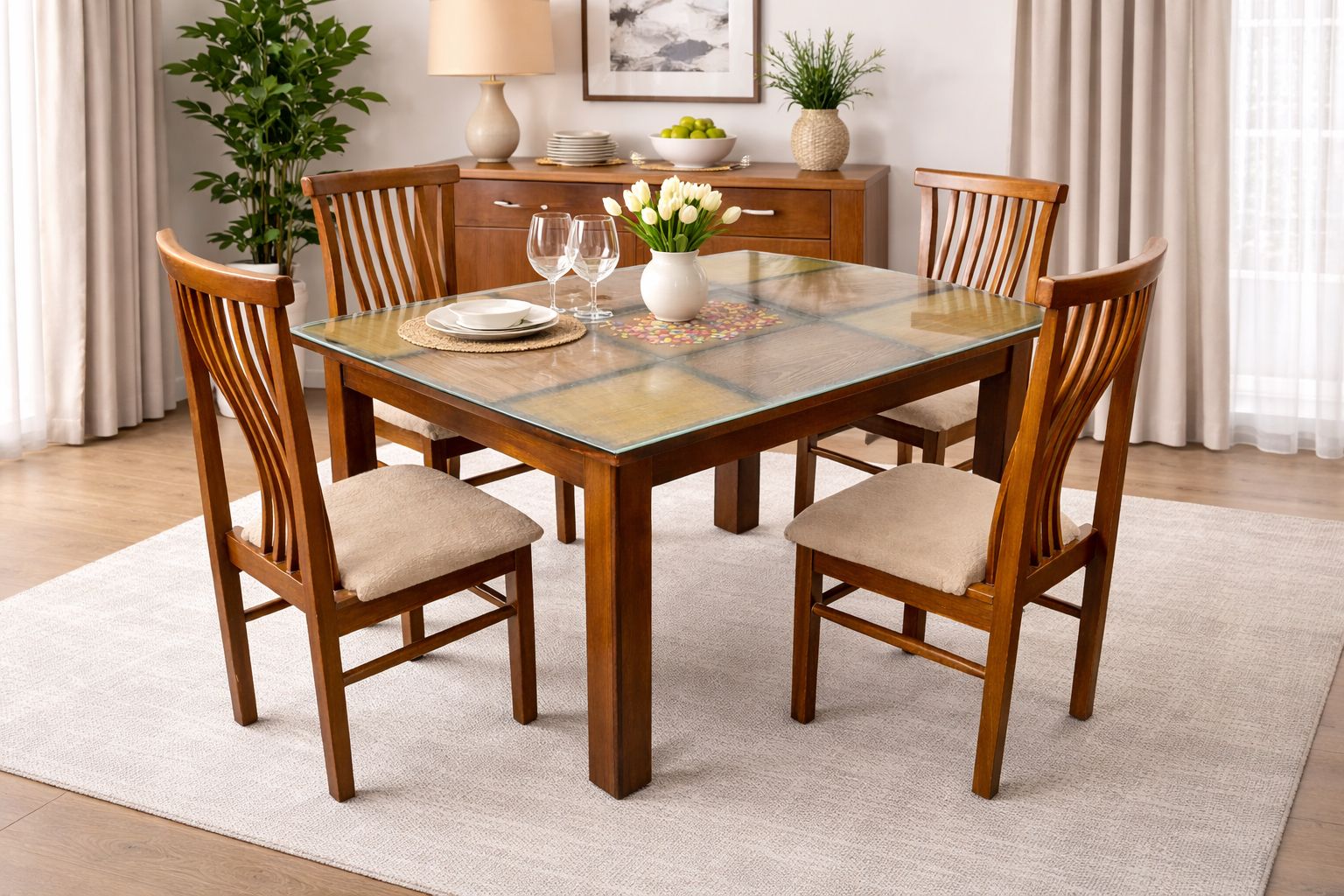 Premium 4-Seater Wooden Dining Table with Glass Top (Modern Design) - Image 2