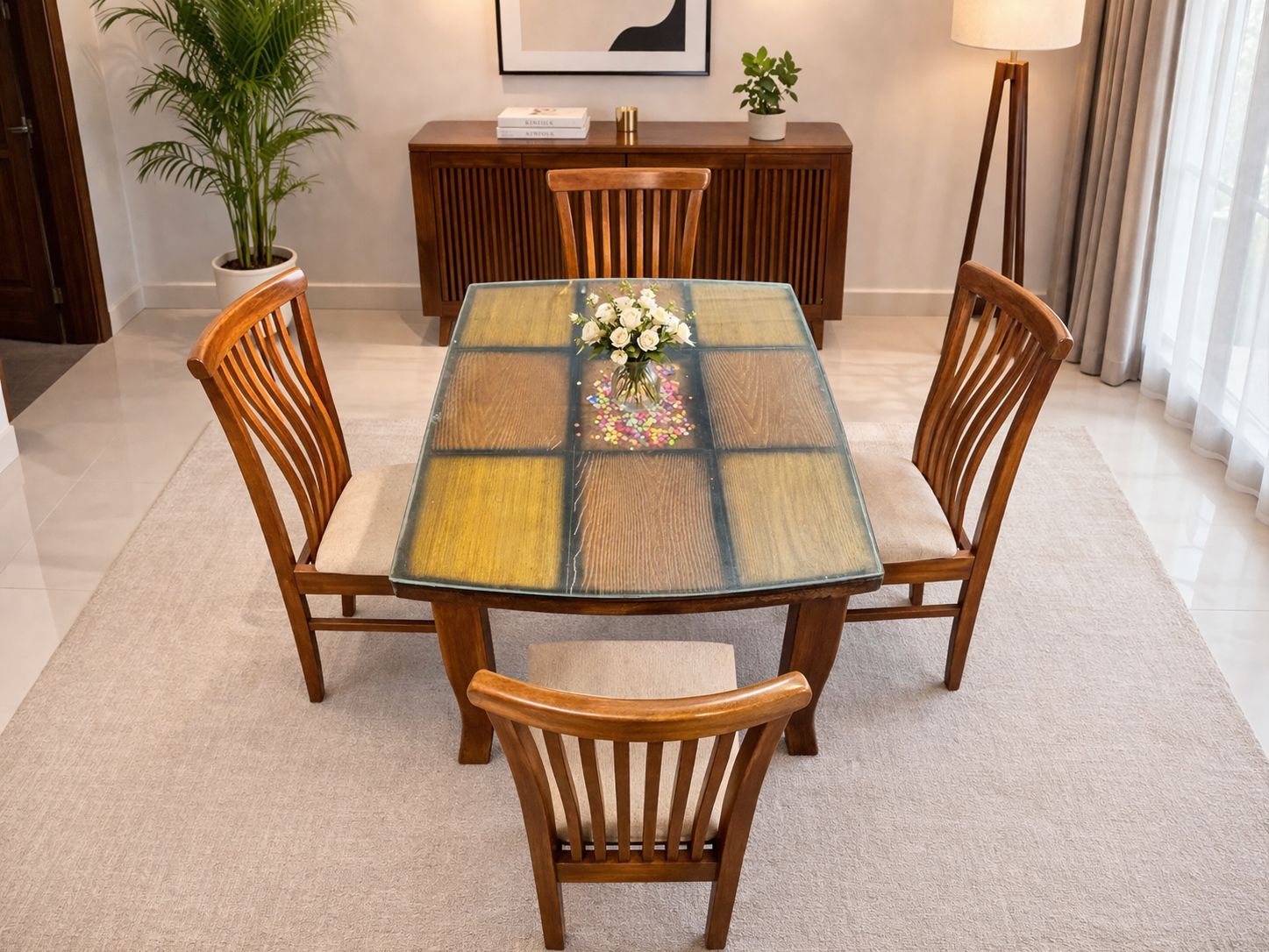 Premium 4-Seater Wooden Dining Table with Glass Top (Modern Design) - Image 3